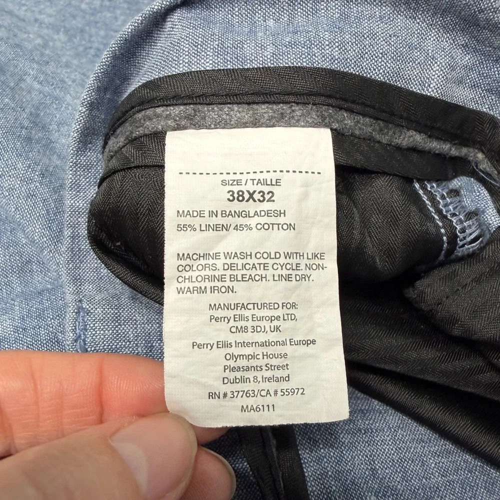 Perry Ellis Mens Blue Linen Cotton Blend Chambray Pants 38x32 MA6111